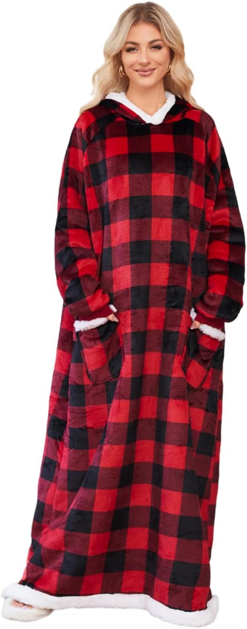 Oversized wearable blanket hoodie, red and black plaid